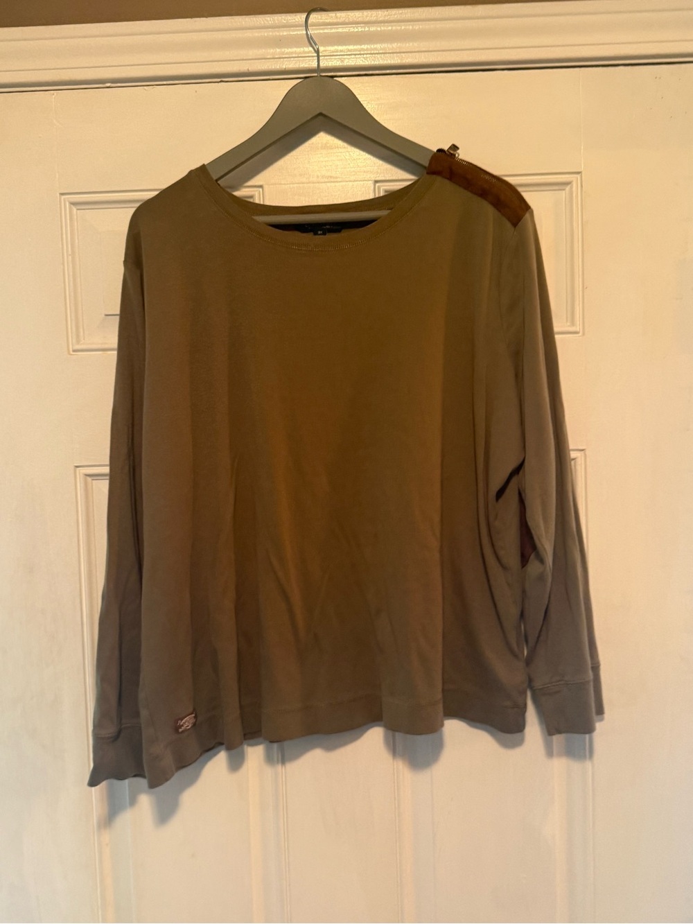 Lauren Ralph Lauren Olive Green Crewneck Top with Leather Logo Patch